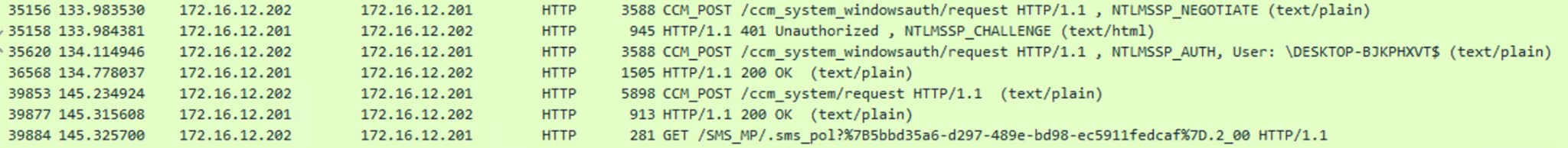 Figure 7. Wireshark capture: Registering a new device with a machine account, then requesting the list of policies and the specific policy containing the NAA account